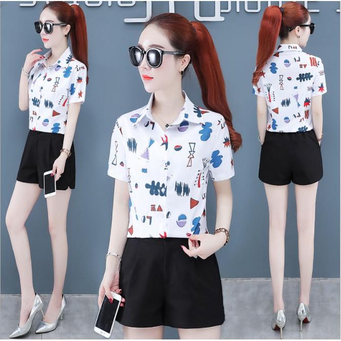 Áo sơ mi nữ ngắn tay họa tiết lạ s69