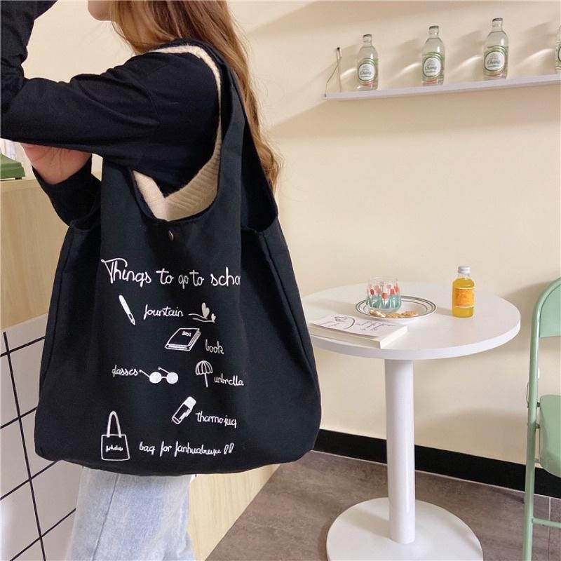 Túi Tote Canvas School dáng chữ A có ngăn phụ và nút bấm