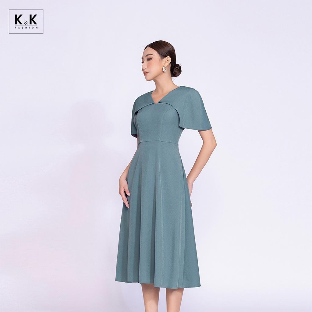 Đầm Công Sở Đơn Sắc Dáng Xòe Cổ V K&K Fashion KK140-03 Chất Liệu Chéo Hàn