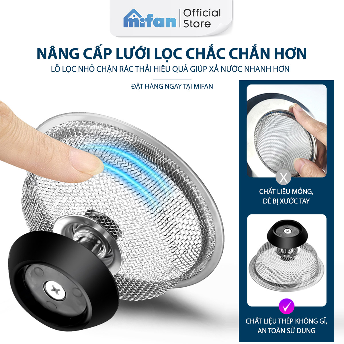 Lưới lọc rác bồn rửa chén thông minh Mifan - Thép không gỉ, nhựa ABS cao cấp - Lưới nhỏ ngăn cặn thức ăn thừa hiệu quả