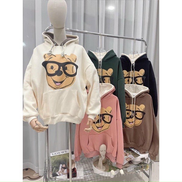 Hình ảnh Áo Hodies Nỉ 2 lớp Mũ, Áo hoodie logo in gấu đeo kính form dưới 70kg, áo khoác hoodie nam nữ nón to rộng 2 lớp unisex ulzzang phong cách đường phố cá tính chống nắng tốt tránh mưa