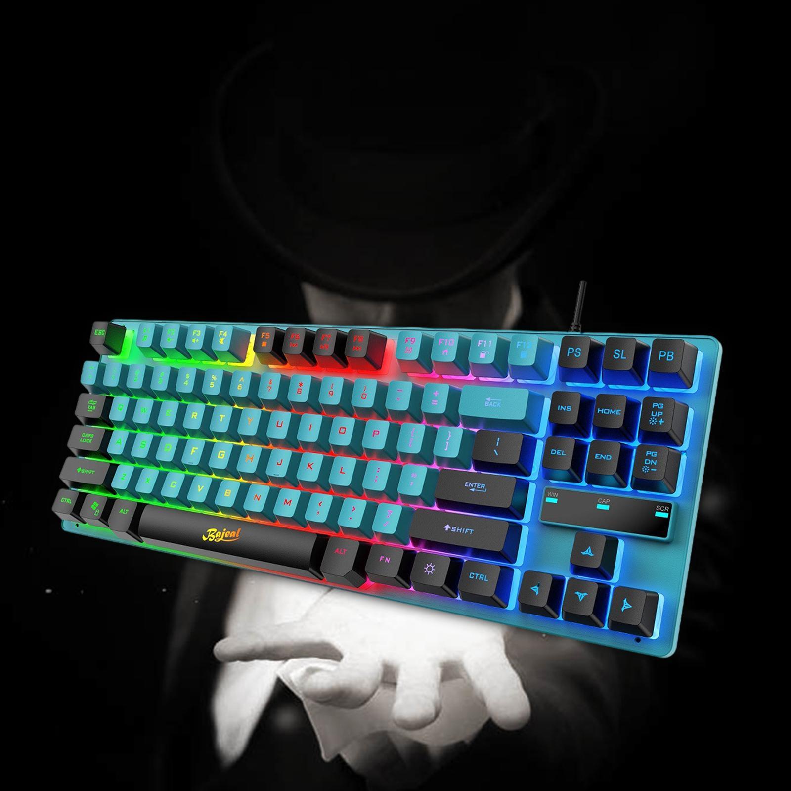 USB Gaming Keyboards 87 Keys Rainbow LED 3 Colors Backlit for PC Blue Black