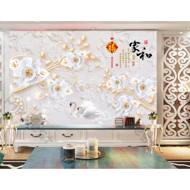 Đôi thiên nga và hoa hồng mạ vàng Tranh dán tường 3d trang trí phòng hiện đại MS1088399