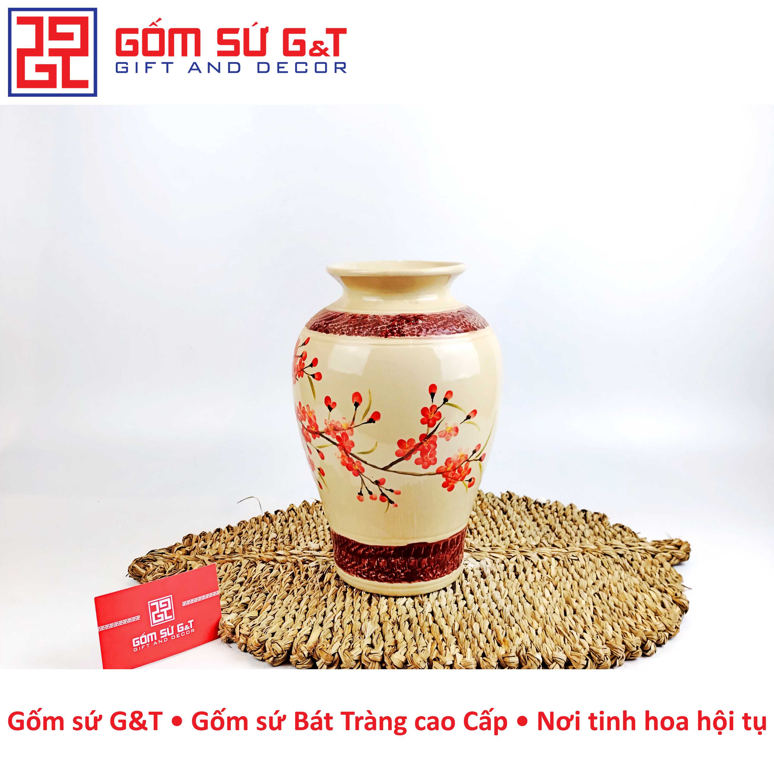 Lọ hoa dáng vò vẽ chim đào Gốm Sứ G&amp;T