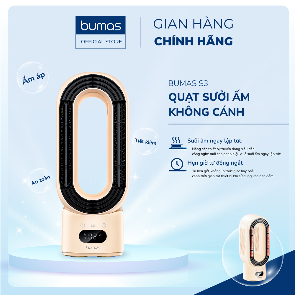 Quạt Sưởi Ấm Mini Không Cánh BUMAS S3 – Máy Sưởi Gốm Gia Nhiệt Nhanh Chóng – Không Gây Khô Da, An Toàn, Tiết Kiệm Năng Lượng - Hàng Chính Hãng