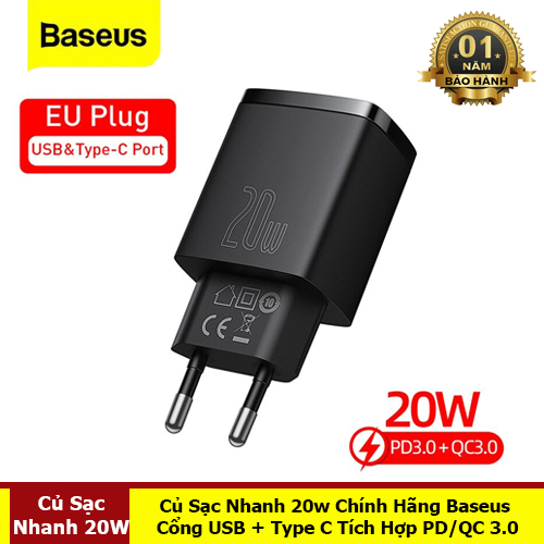 Củ Sạc Nhanh 20W Cổng USB + Type C Tích Hợp PD/QC 3.0 - Hàng Chính Hãng Baseus