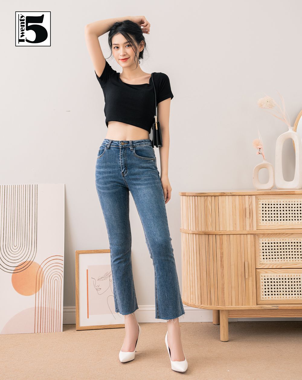 Quần bò jeans nữ ống loe, gấu cắt, màu xanh, đen TWENTYFIVE 4152