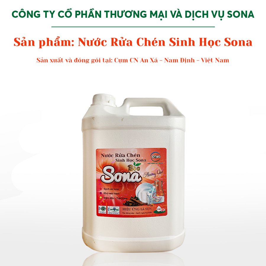 Nước rửa chén, rửa bát sinh học Sona 5kg, làm sạch siêu tốc, an toàn, mềm mại với da tay