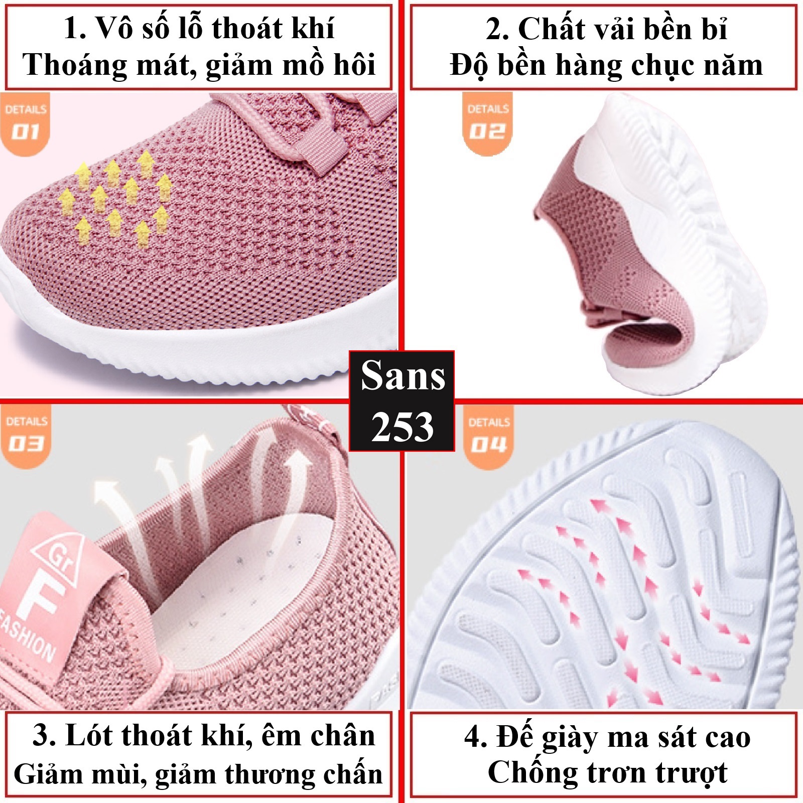 Giày thể thao nữ Sans253 chạy bộ chất vải thoáng khí êm chân sneaker màu hồng đen xám trắng đi học đế thấp bigsize 40 41