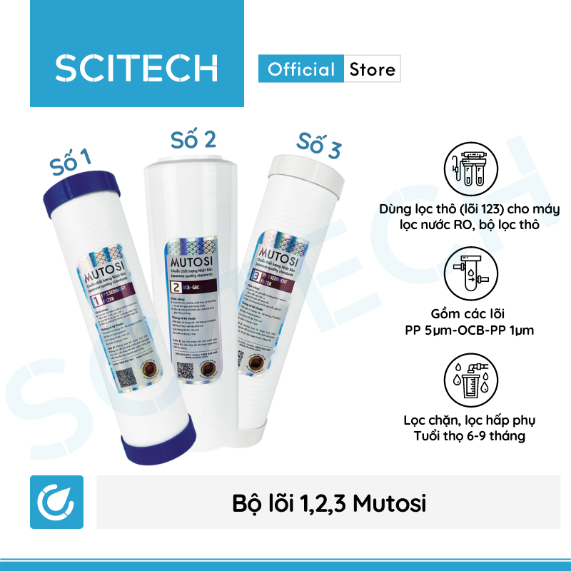 Bộ lõi số 1,2,3 10 inch by Scitech (Lõi PP5-OCB-PP1 dùng thay thế máy lọc nước Karofi, Kangaroo, Mutosi) - Hàng chính hãng