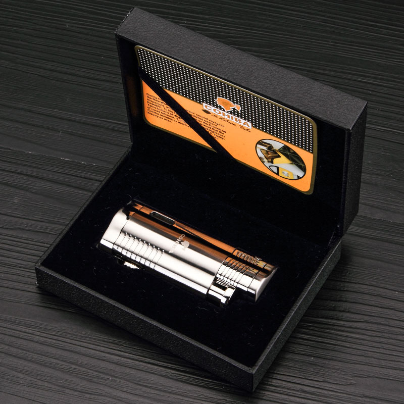 Bật lửa Cigar 3 tia màu bạc đen bằng inox cao cấp - Khò cigar 3 tia có hộp làm quà biếu tặng sếp