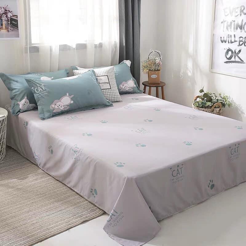 Bộ Vỏ Chăn Ga Gối Cotton 3Dm6/m8/2m - Set 4 Món Cotton 80% Mèo Xanh Đáng Yêu Cao Cấp