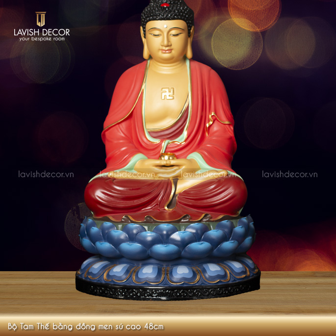 Bộ Tam Thế bằng đồng men sứ cao 48cm