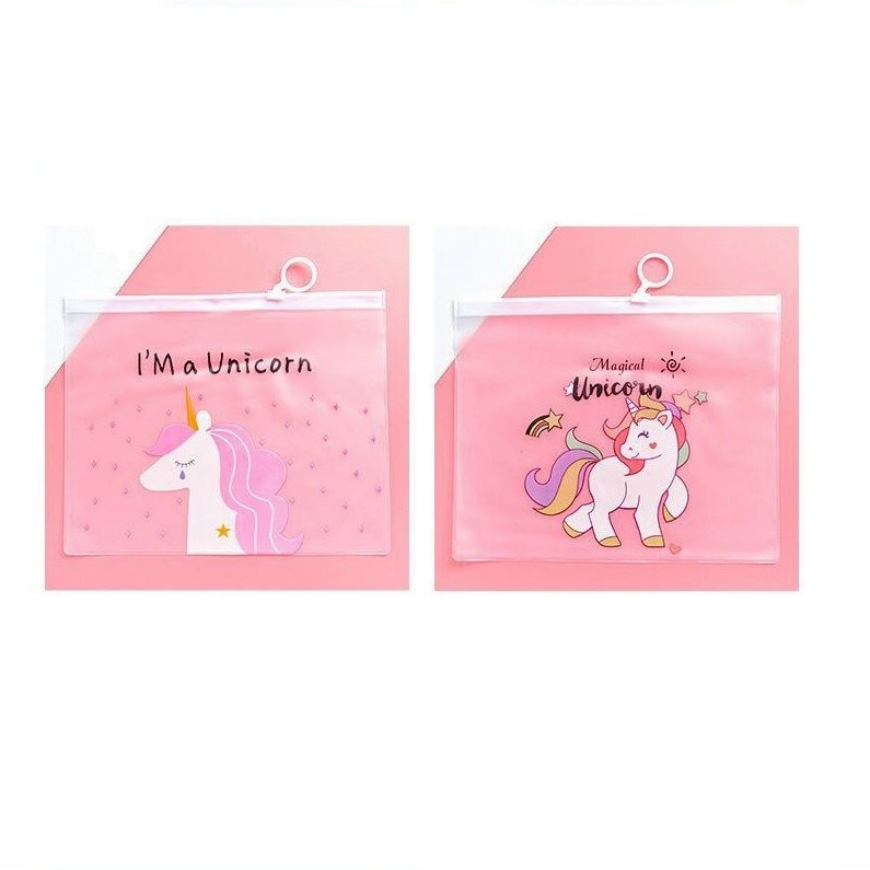 Bộ 2 Túi Zip Lụa Trong Suốt Đựng Bút Viết Dụng Cụ Đựng Mỹ Phẩm Hình Unicorn Mẫu Ngẫu Nhiên Kích Thước Cỡ A5 (17 x 21 cm)