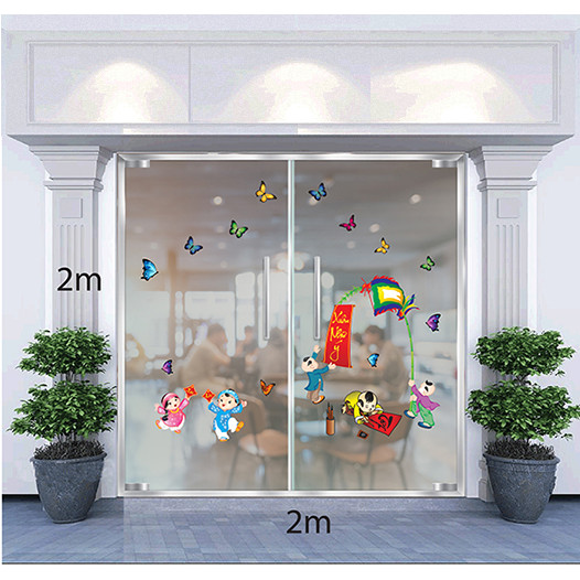Decal Dán Tường Trang Trí Tết Bé Vui Xuân Cùng Cây Nêu Và Ông Đồ