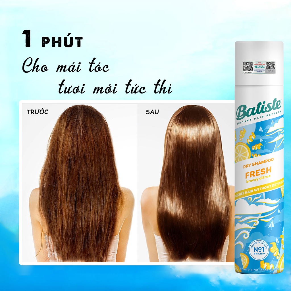 Dầu Gội Khô Batiste Tươi Mát Tức Thì - Batiste Dry Shampoo Light & Breezy Fresh 200ml