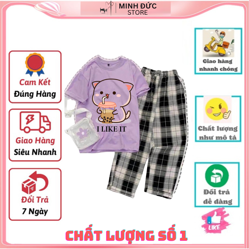 Sét Bộ Nữ SS14, Sét Đồ Nữ Đi Chơi Đẹp In Hình Mèo Uống Nước Dễ Thương