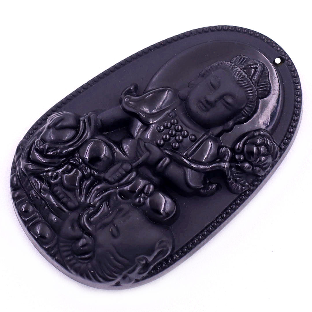 Mặt Phật Phổ hiền thạch anh đen 3.6 cm kèm vòng cổ hạt chuỗi đá đen - mặt dây chuyền size M, Mặt Phật bản mệnh