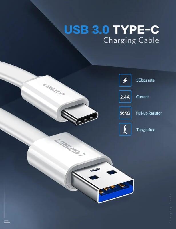 Ugreen UG10694US172TK 2M màu Trắng Cáp USB TypeC sang USB 3.0 cáp dẹt - HÀNG CHÍNH HÃNG