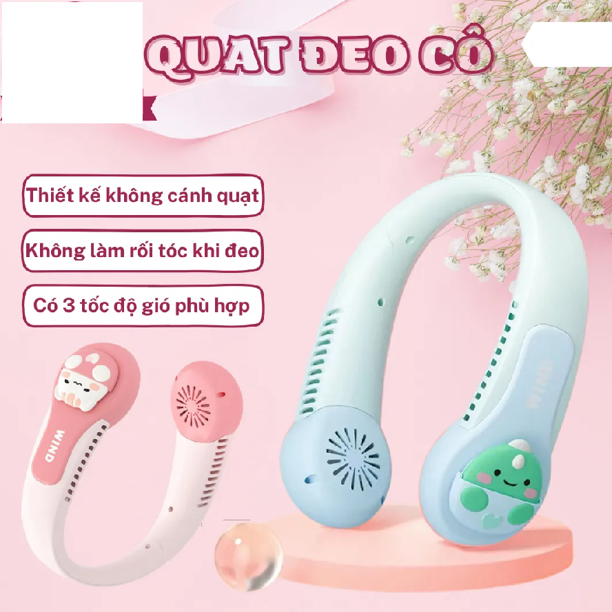 Quạt mini đeo cổ họa tiết hoạt hình, thiết kế không cánh, rảnh tay khi hoạt động, vận động, dự sự kiện ngoài trời cho nam và nữ, dễ sử dụng và mang đi mọi nơi