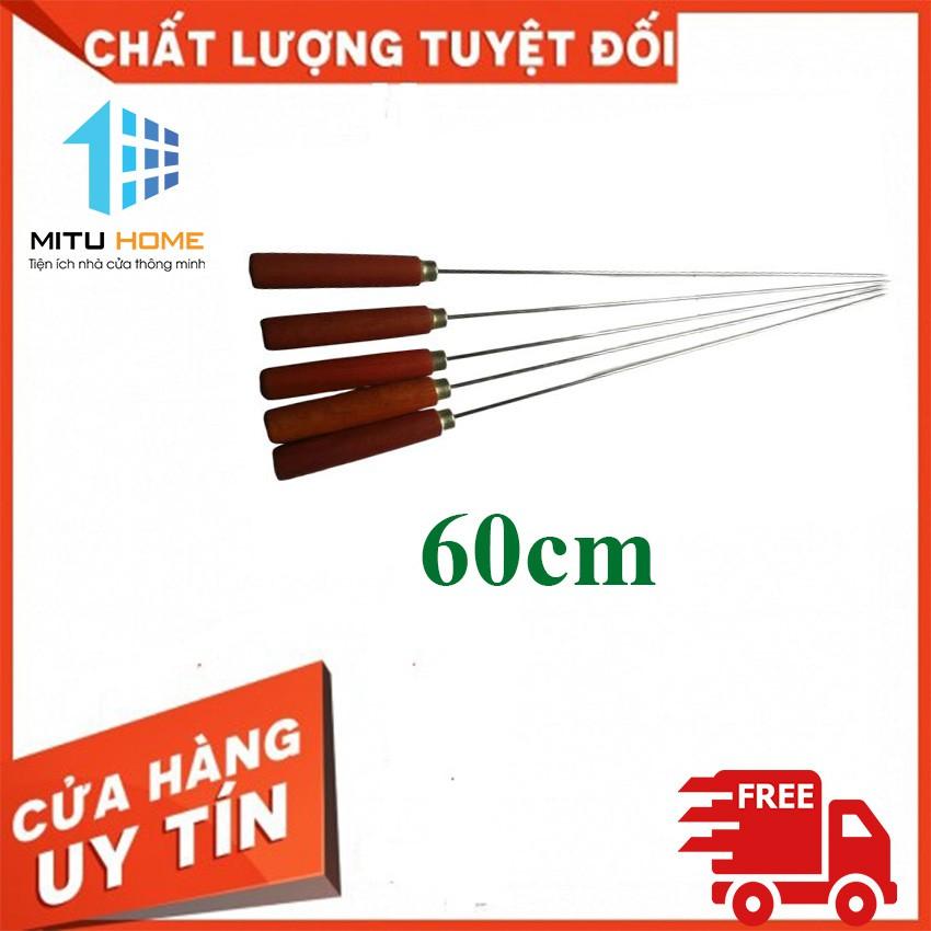 Combo 5 xiên nướng thịt inox 60cmx4mm chuôi gỗ