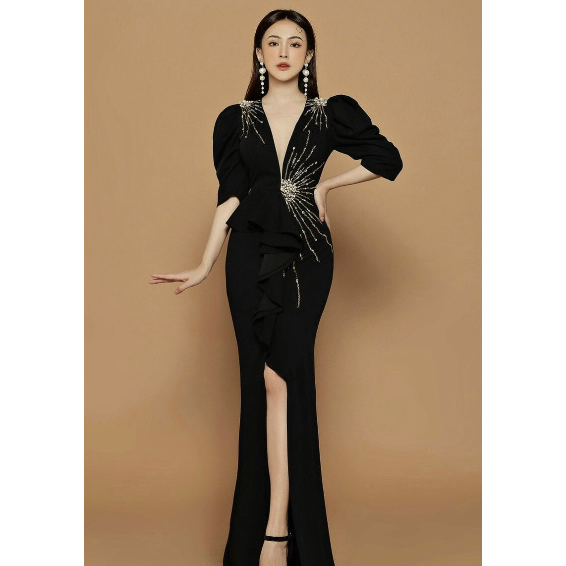 Đầm dạ hội xẻ tà cổ v cao cấp