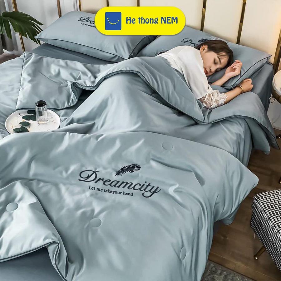 Ga Trải Giường 5 Món Phi Lụa Cotton SERENA Cao Cấp Dream City Vỏ Chăn Grap Drap Trải Phủ Bọc Giường Kèm Gối