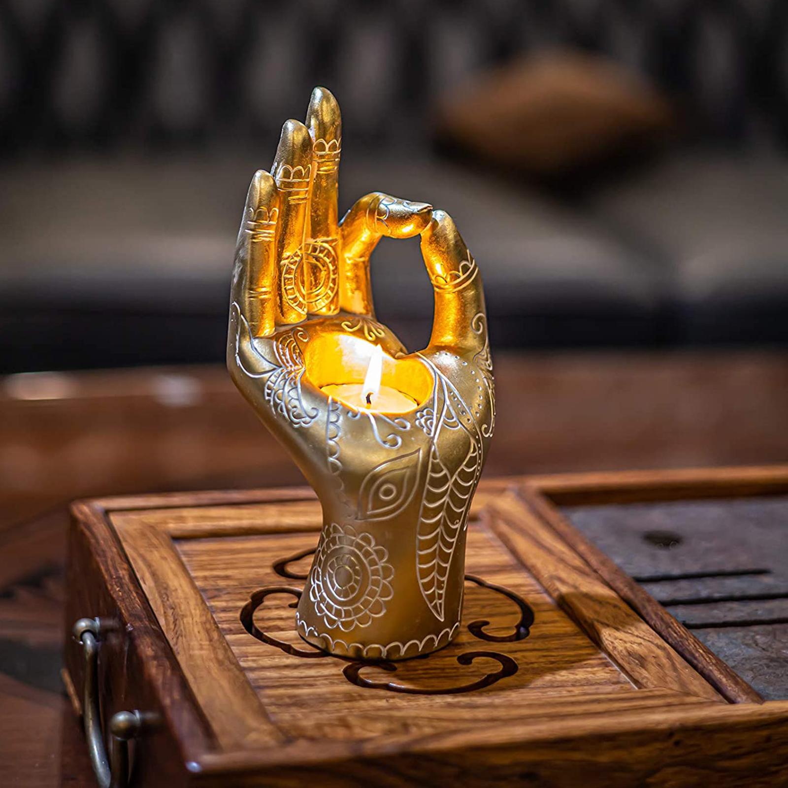 Buddha Yoga Candle Holder Mudra Hand Tabletop Tealight Decor Statues Home Office Yoga Studio Collectible Figurines Candlestick for Relieve Pressure