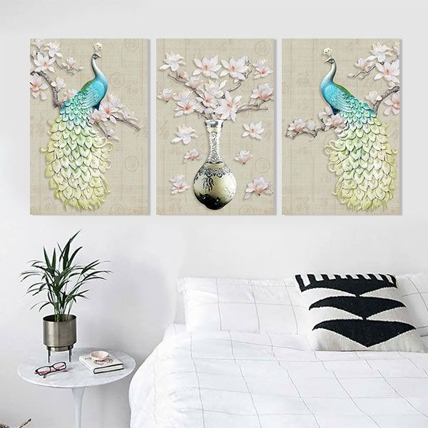 Bộ 3 Tranh Canvas Không Viền Con Công: Khổng Tước Xanh W289