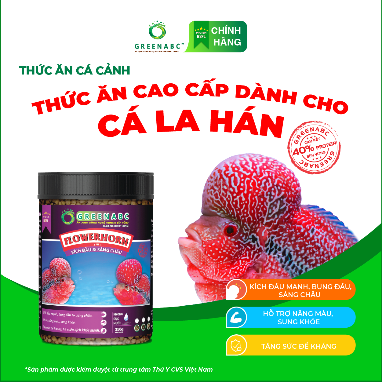 Thức ăn Cá La Hán GREENABC - Flowerhorn Fish – Hàm lượng protein 40% giúp kích bung đầu to, châu sáng, vảy rực rỡ, tăng trưởng nhanh - Hộp 350g