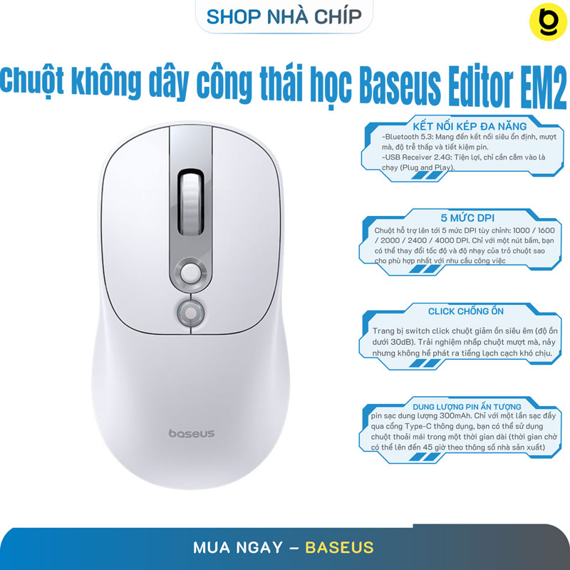 Chuột không dây công thái học Baseus Editor EM2 (Bluetooth 5.3 & 2.4G, 4000 DPI, 300mAh)- Hàng Chính Hãng