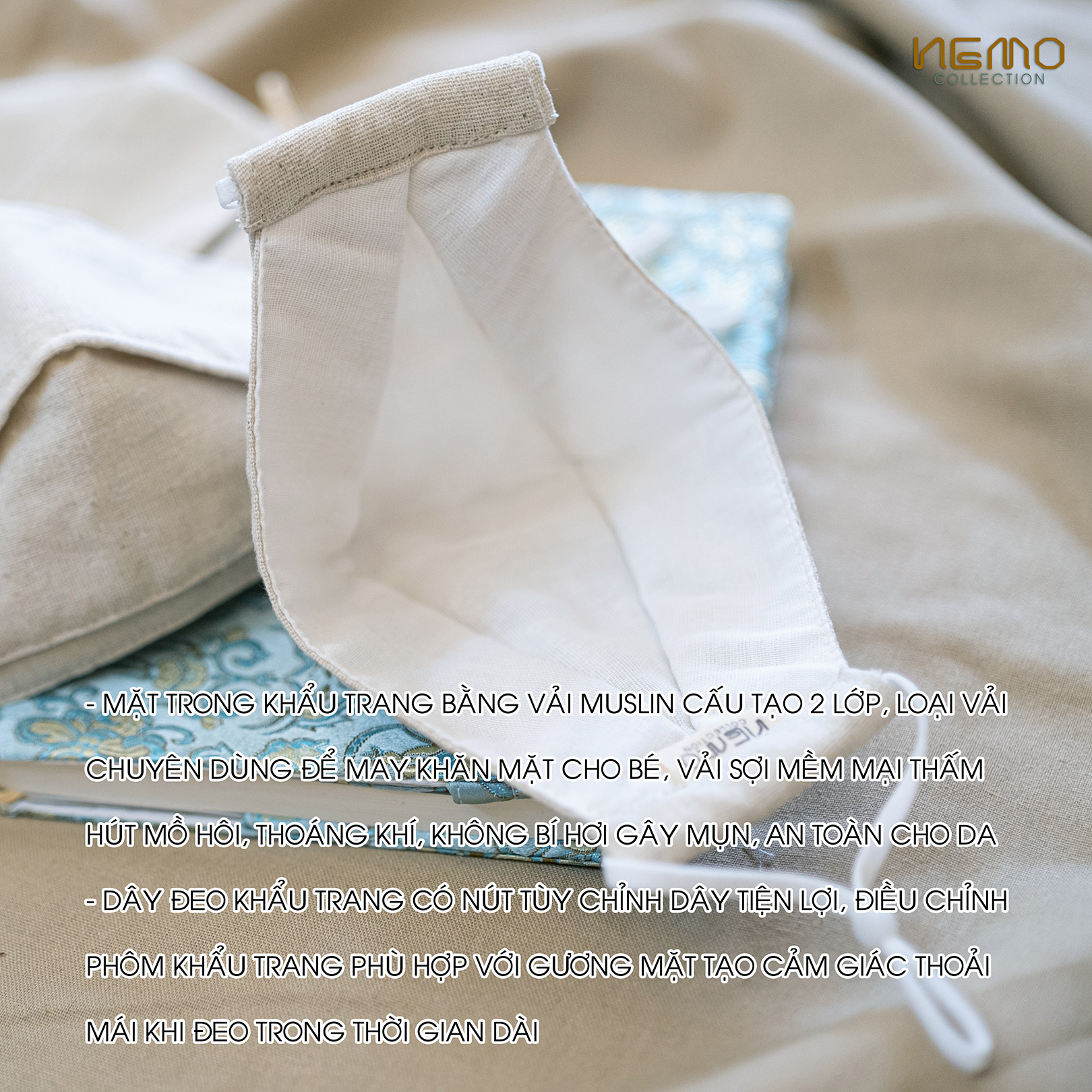 Khẩu Trang 4D NEMO Vải Mộc 100% Linen, Chống Nắng, Lọc Bụi, Lọc Khuẩn, Thoáng Khí - KTBM