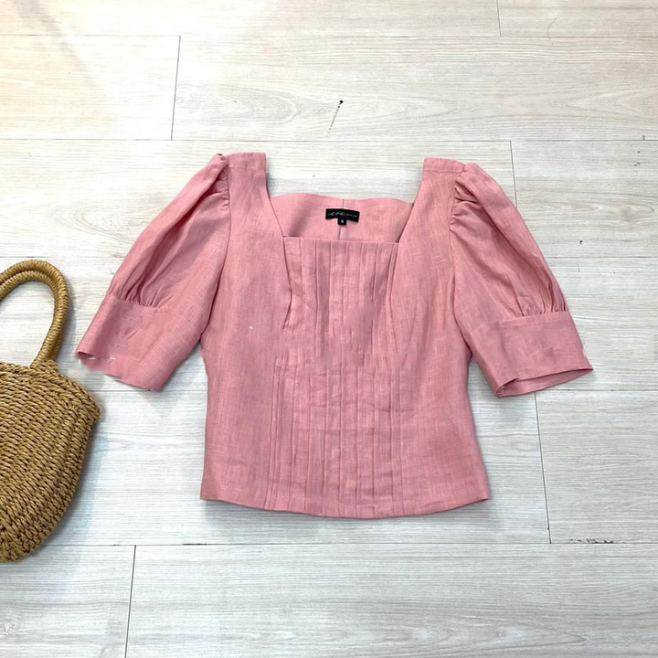 Áo kiểu nữ xếp ly ngực cổ vuông tay bồng dễ thương ArcticHunter, chất vải Linen Hàn mềm mát xịn xò