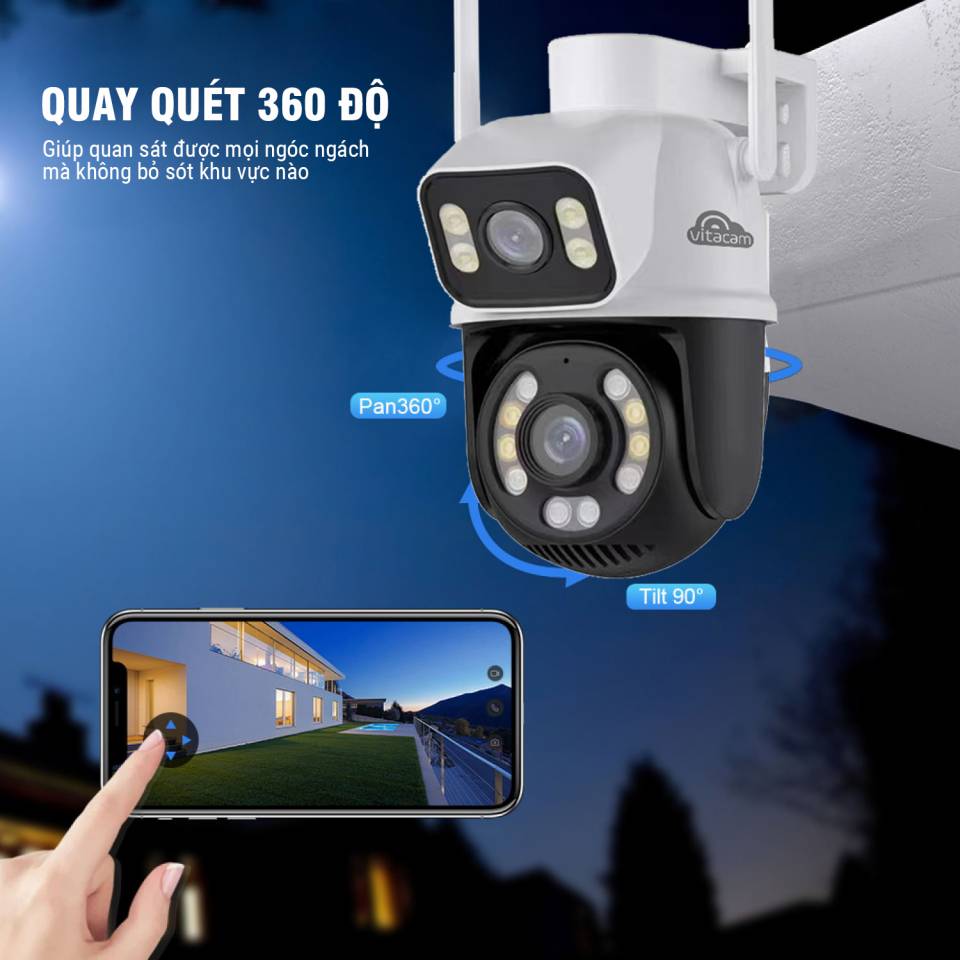 Camera Wifi Vitacam 2 Mắt DZ8000 8MP, Xem 2 Màn Hình Cùng Lúc, Xoay 360 Siêu Nét, đàm thoại 2 chiều - Hàng chính hãng