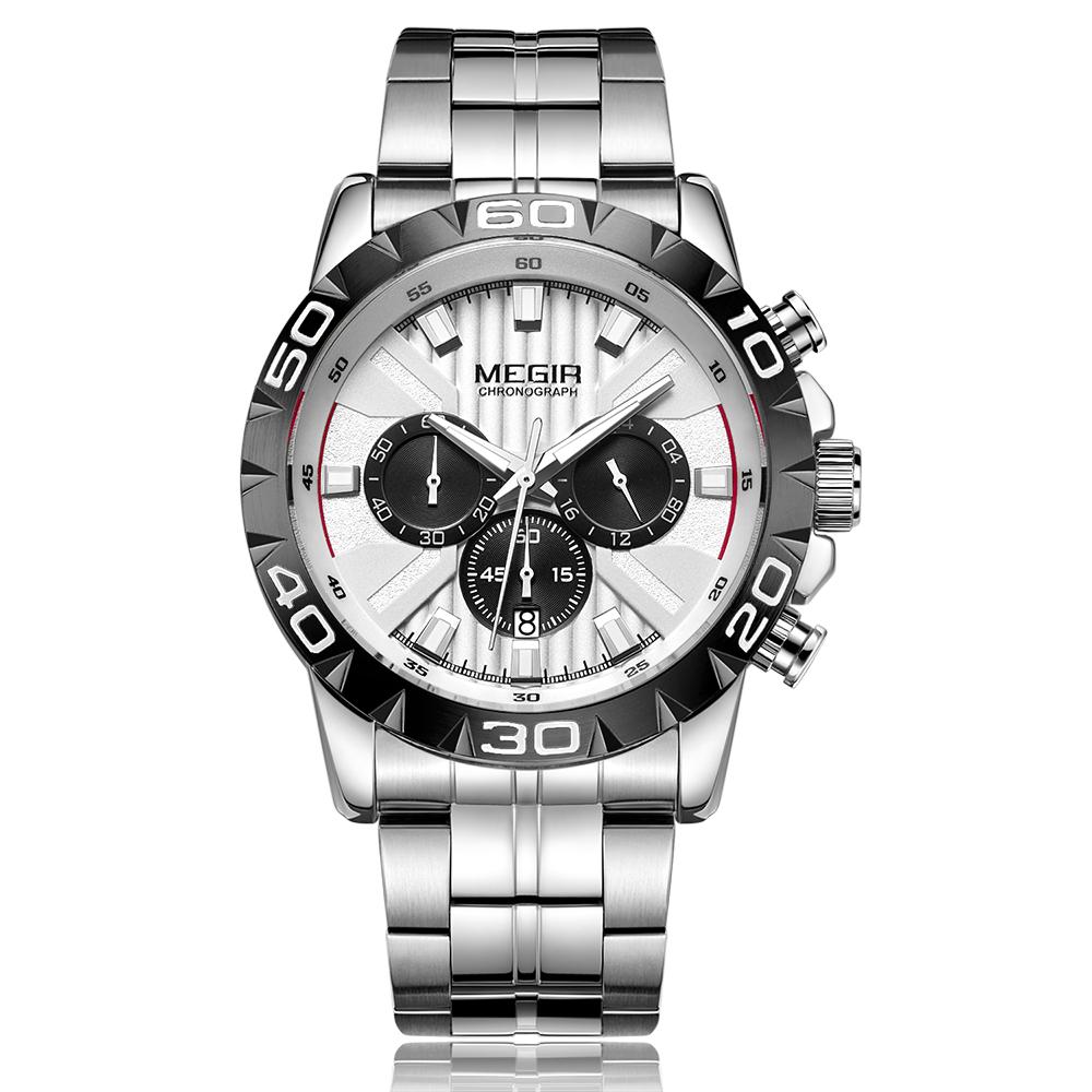 Đồng hồ Quartz Thể thao đơn giản Dây đeo bằng thép không gỉ 3ATM Lịch chống nước Chronograph Luminous MEGIR 2087 Nam