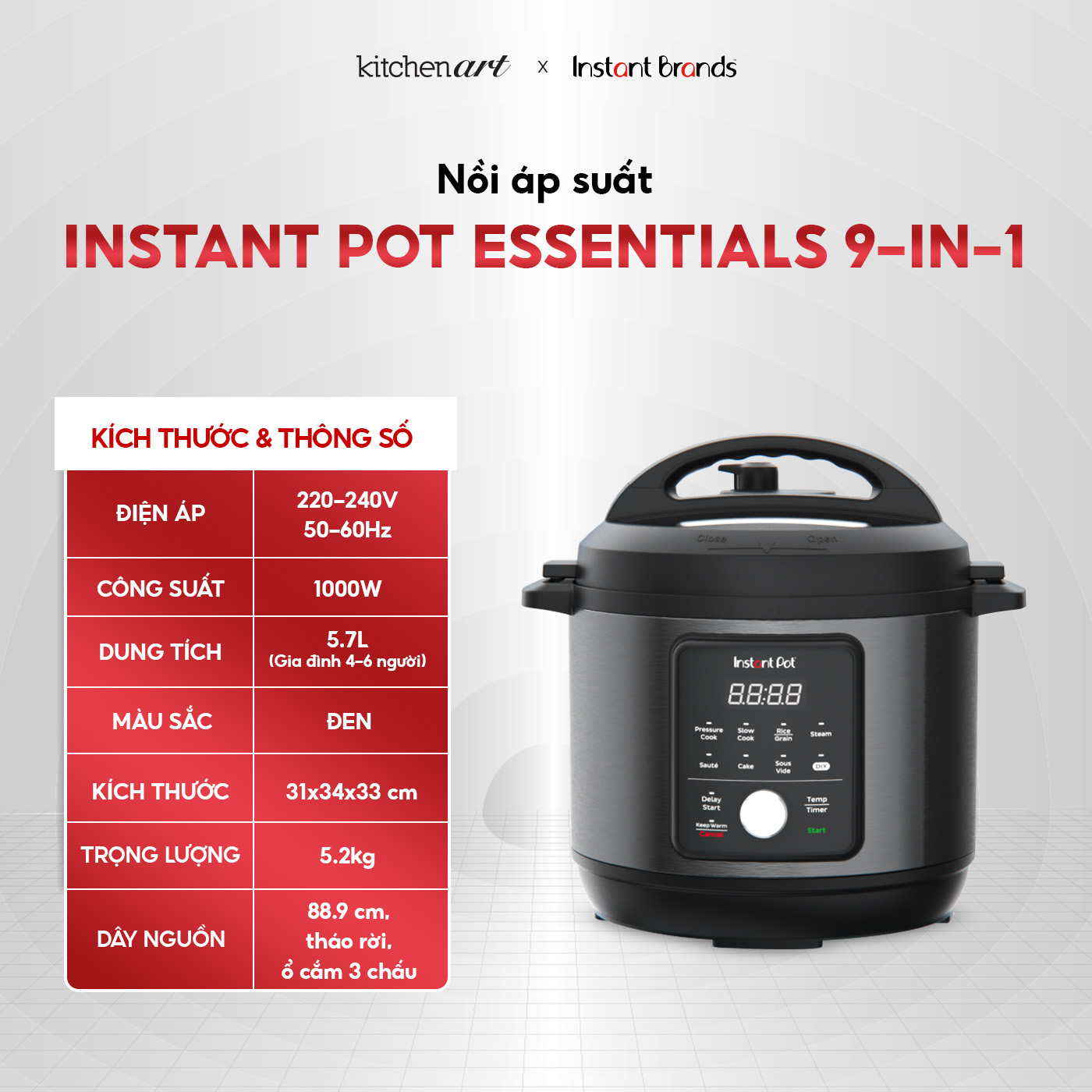 Nồi Áp Suất Điện Đa Năng INSTANT POT ESSENTIAL 60, 9 Chế Độ Nấu (5.7L) - Hàng Chính Hãng