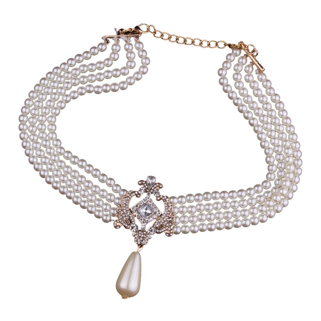 Fashion 4 Strands Pearl Chain Strand Choker Collar Statement Bib Necklace