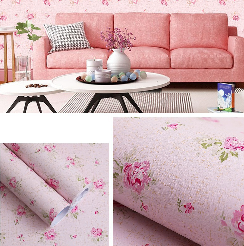 Combo 10 mét giấy dán tường, decal dán tường trang trí nhà cửa ĐÓA HỒNG NHỎ NỀN HỒNG khổ 45cm