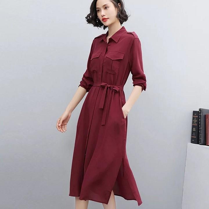 DRESS241-ĐẦM SUÔNG SƠ MI TAY LỠ THẮT EO S-6XL