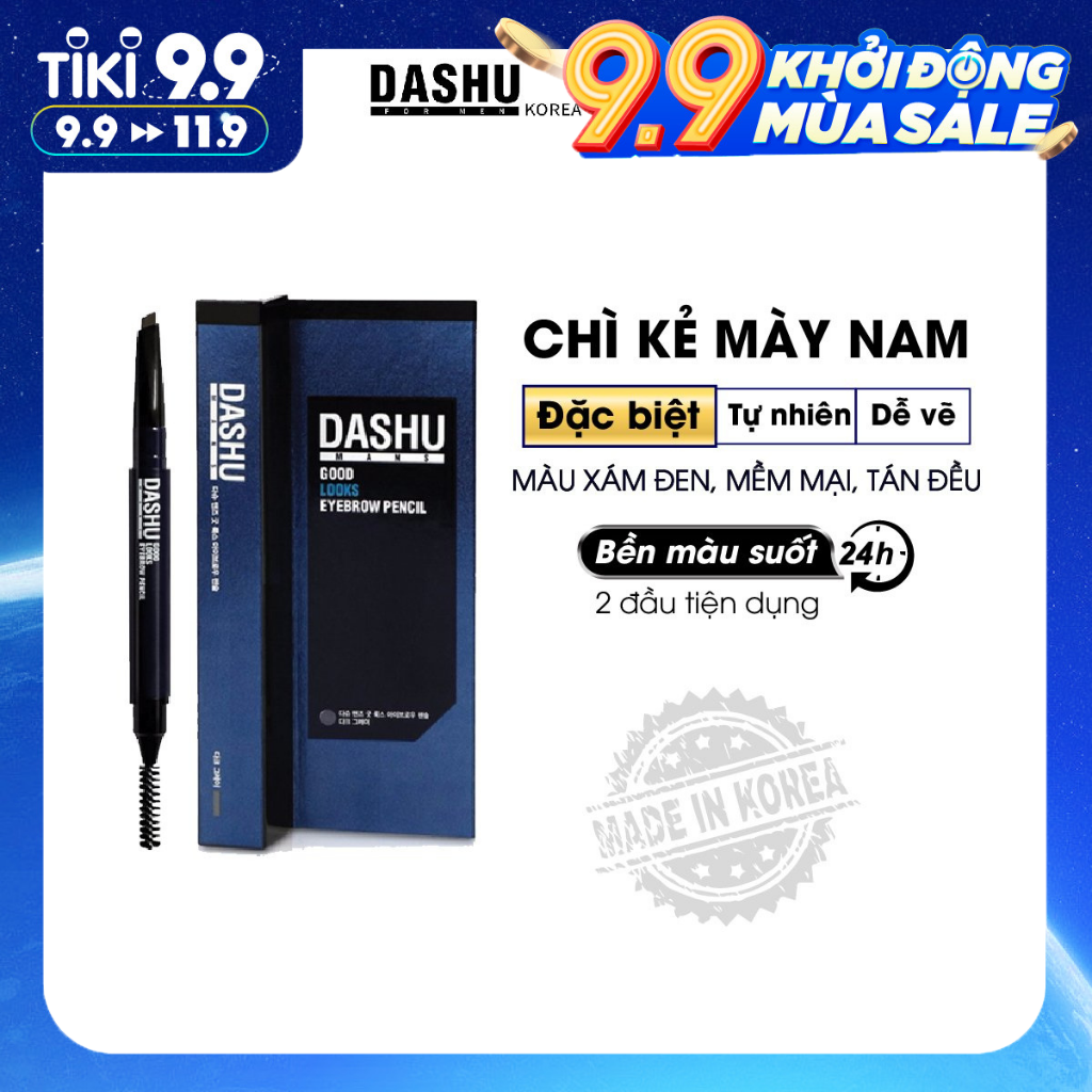 Chỉ kẻ chân mày Hàn Quốc cho Nam, bút kẻ lông mày 2 đầu Dashu Mans Good Looks Eyebrow Pencil không cần chuốt màu xám đen, đầu chì 4mm nét mềm mại, tự nhiên, màu sắc rõ ràng, bền màu, 1 đầu cọ vặn dễ sử dụng giúp tạo kiểu, tán màu đều.