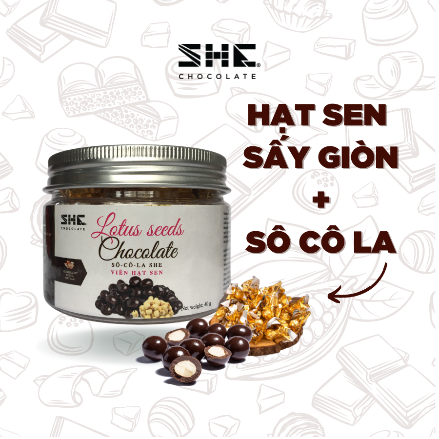 Socola viên Hạt sen - hũ pet 40g, hũ 90g, túi 500g - SHE Chocolate - Bổ sung năng lượng, tốt cho sức khỏe. Quà tặng sức khỏe, quà tặng người thân, dịp lễ, thích hợp ăn vặt