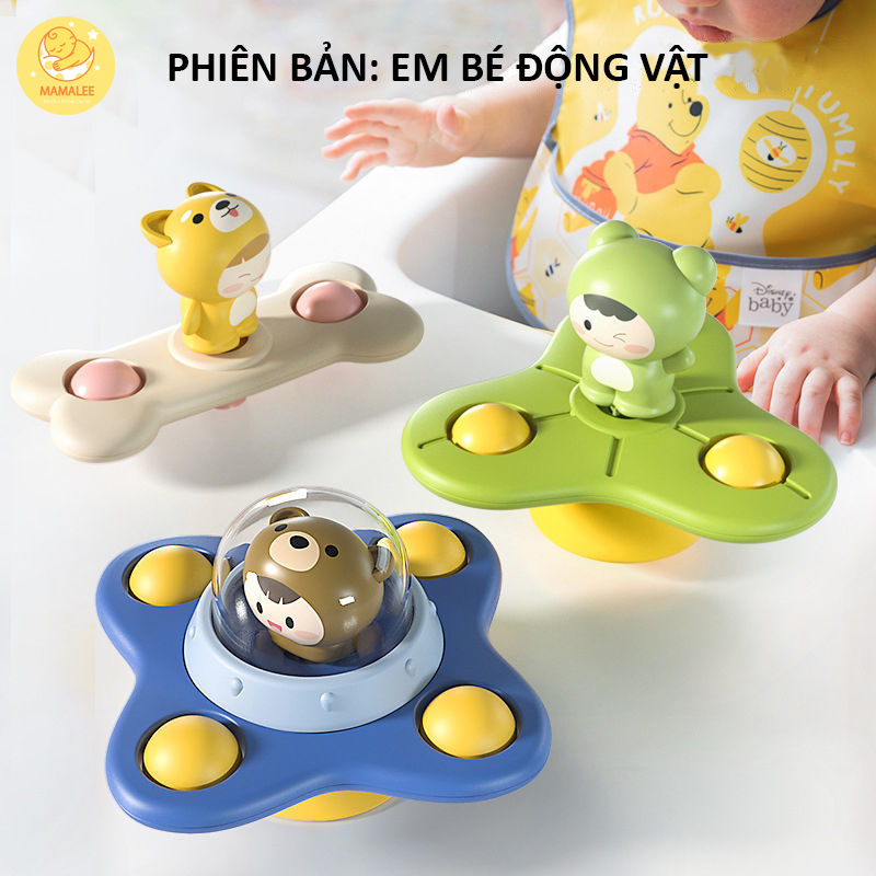 Chong chóng dính tường cho bé hình động vật, con quay spinner gắn bàn ăn dặm bộ 3 chiếc