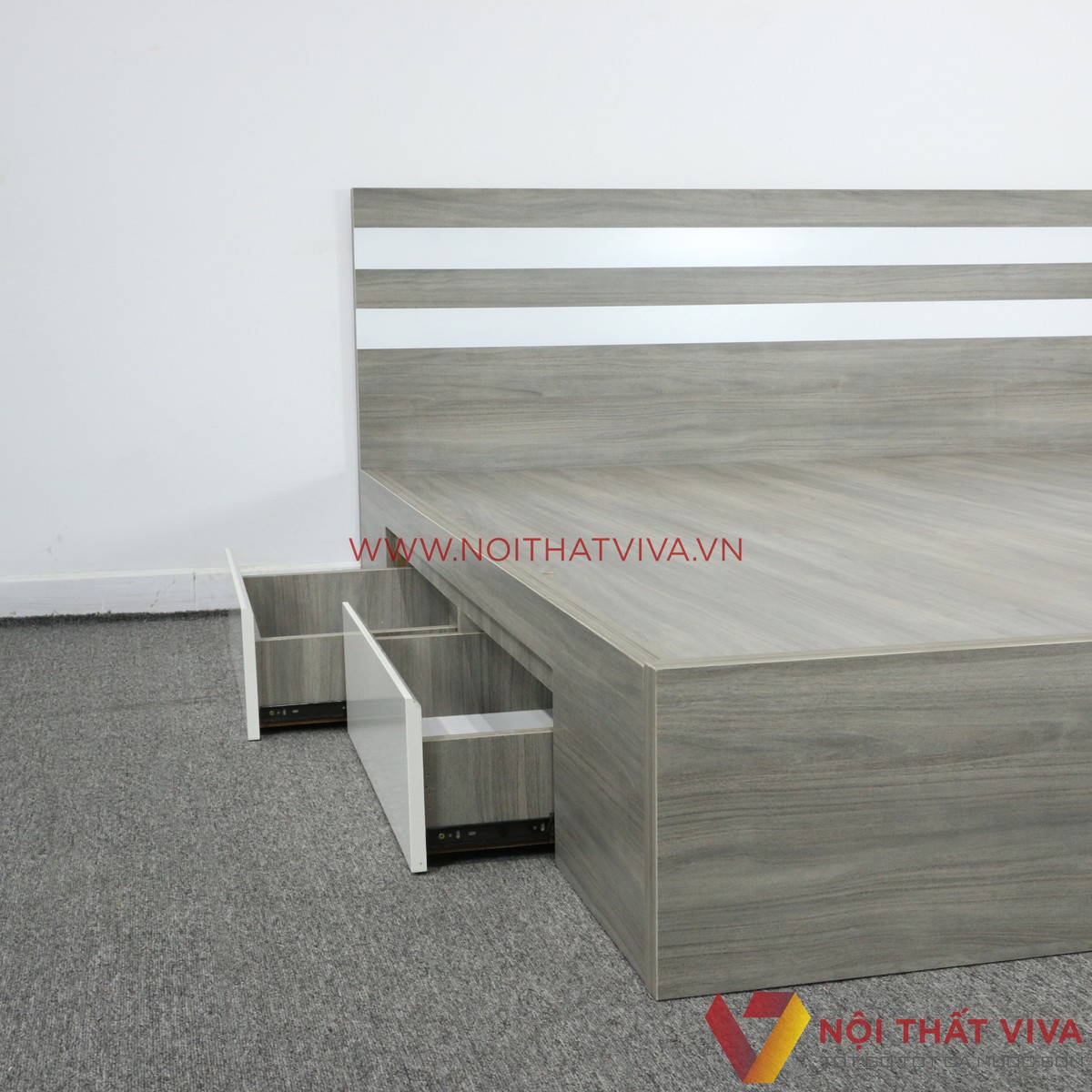 Giường Ngủ MDF Melamine Màu Xám Vân Gỗ Chỉ Trắng Có Hộc Kéo Hiện Đại