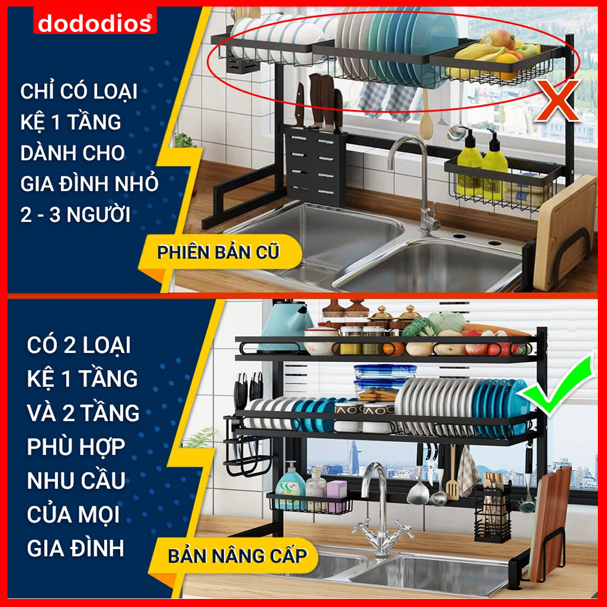 Bộ Kệ Để Bát Thông Minh, Giá Kệ Để Chén Bát Đũa Đa Năng Chọn Cỡ (65/85/95/125cm – 1 tầng/2 tầng) – Lõi Thép Carbon Không Gỉ - Phủ Sơn Tĩnh Điện Cao Cấp Siêu Bền – Chống Bám Bụi Cao Cấp Chính Hãng Dododios