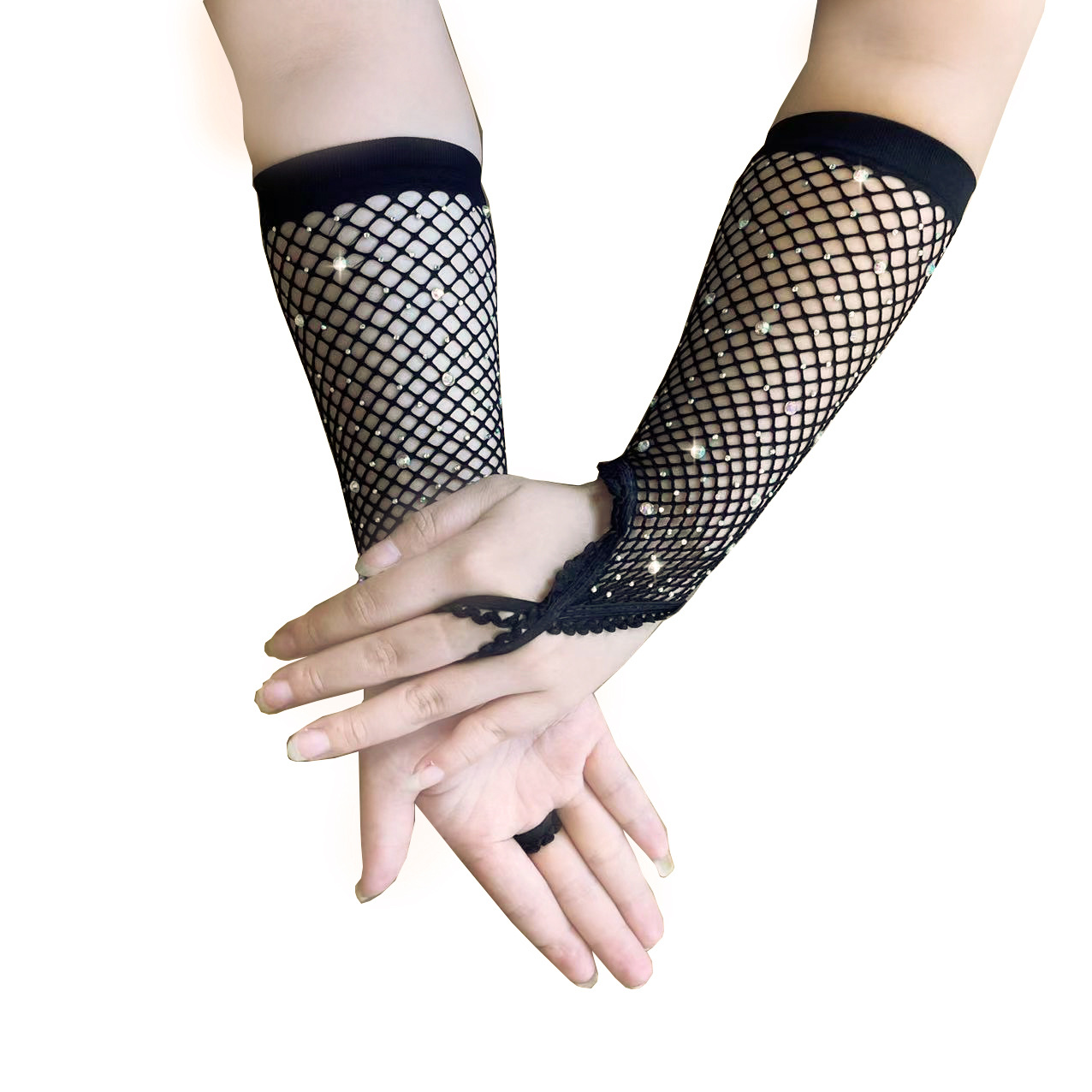 Bao tay lưới xỏ ngón đính đá lấp lánh màu đen BT03