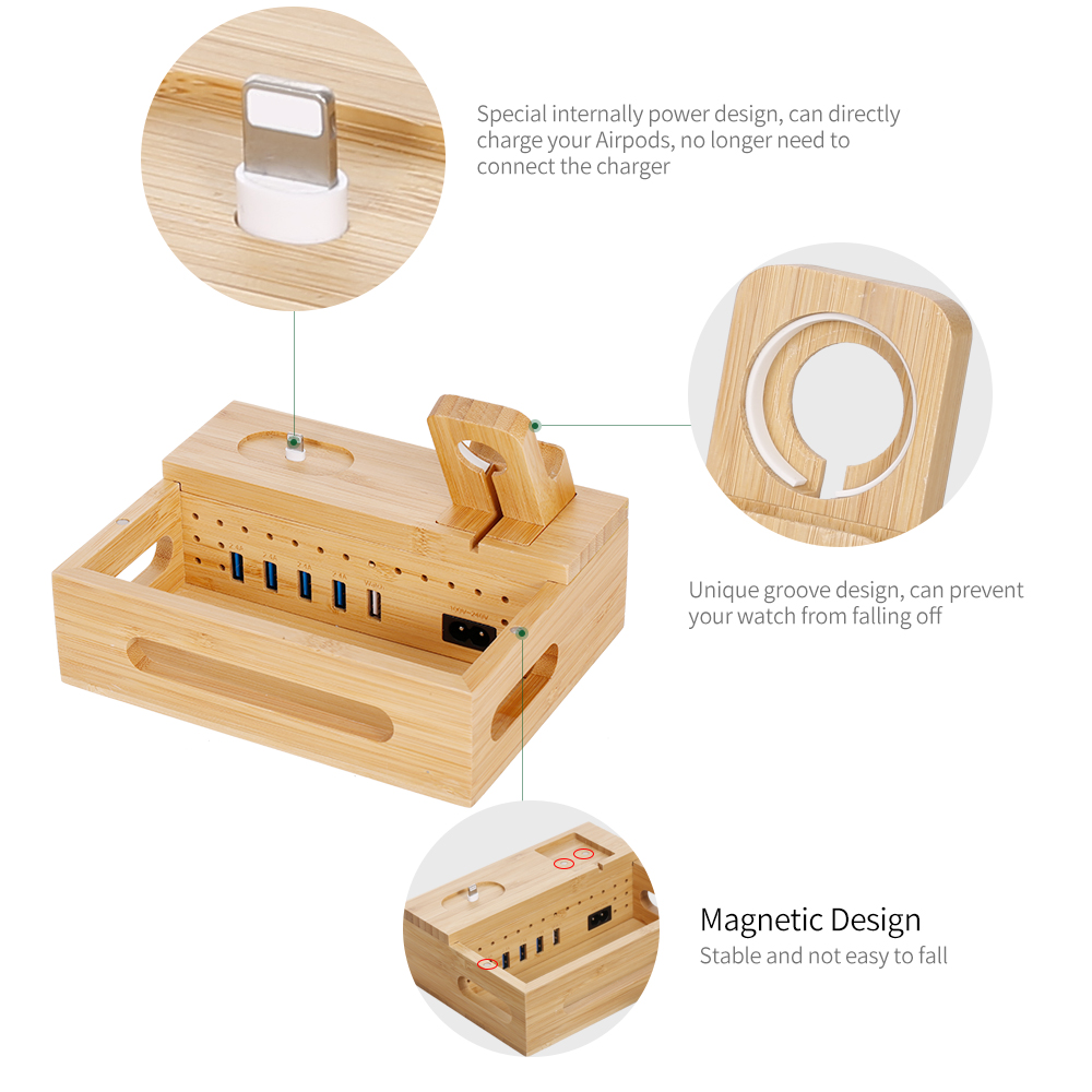 Giá đỡ máy tính để bàn 3 trong 1 bằng tre cho điện thoại di động máy tính bảng  iPad Apple Watch Airpods