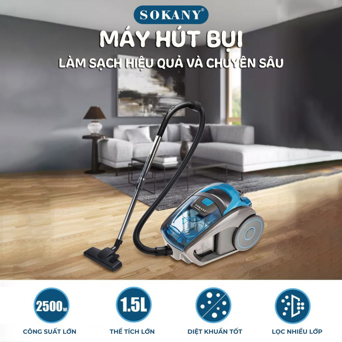 Máy hút bụi cầm tay gia đình SOKANY SK3372 công suất 2500W, dung tích 1,5L, hút mọi loại bụi trong nhà - HÀNG CHÍNH HÃNG - DELIYA