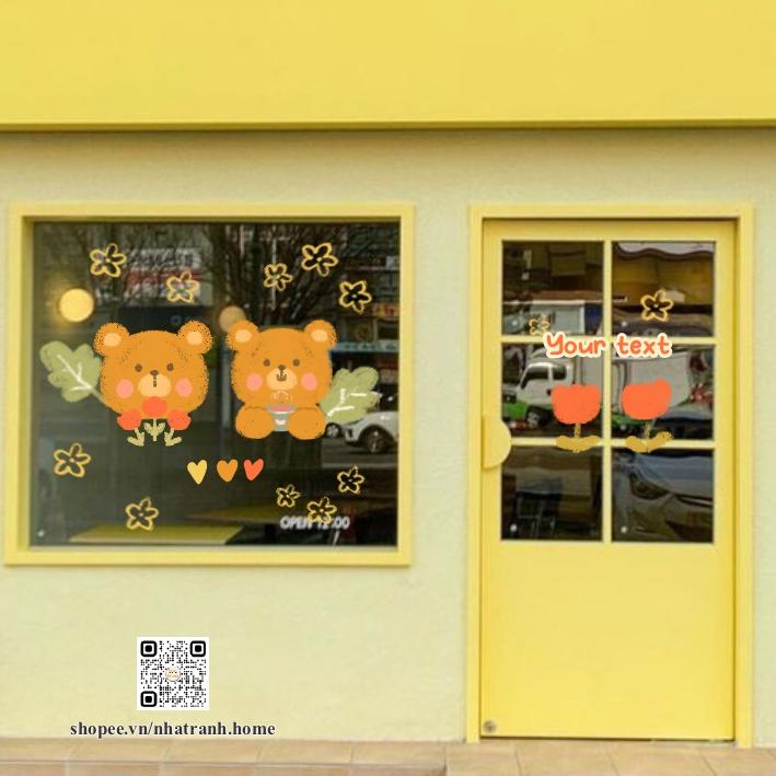 Hình dán gấu couple dễ thương aesthetic trang trí gương, kính cửa hàng cute 12