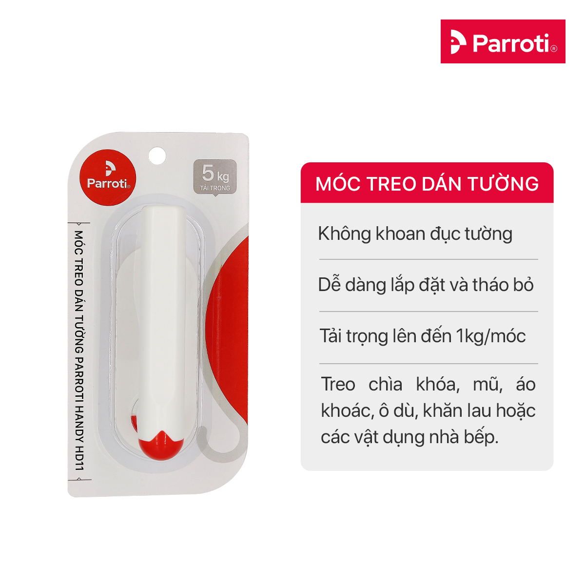 Móc treo đồ dán tường, treo vật dụng nhà bếp, khăn giấy - Parroti Handy HD11