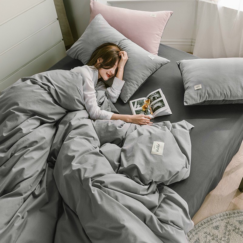 Bộ Drap & Chăn Phao Cotton TC Ghi Phối Xám Đậm